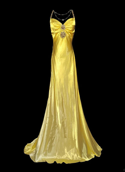 Elegant Bright Yellow V Neck Mermaid Satin Beading Long Prom Dresses Backless Formal Evening Gowns ED02450