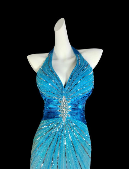 Glam Blue V-neck Mermaid Chiffon Beading Open Back Prom Dresses Formal Evening Gowns ED02451
