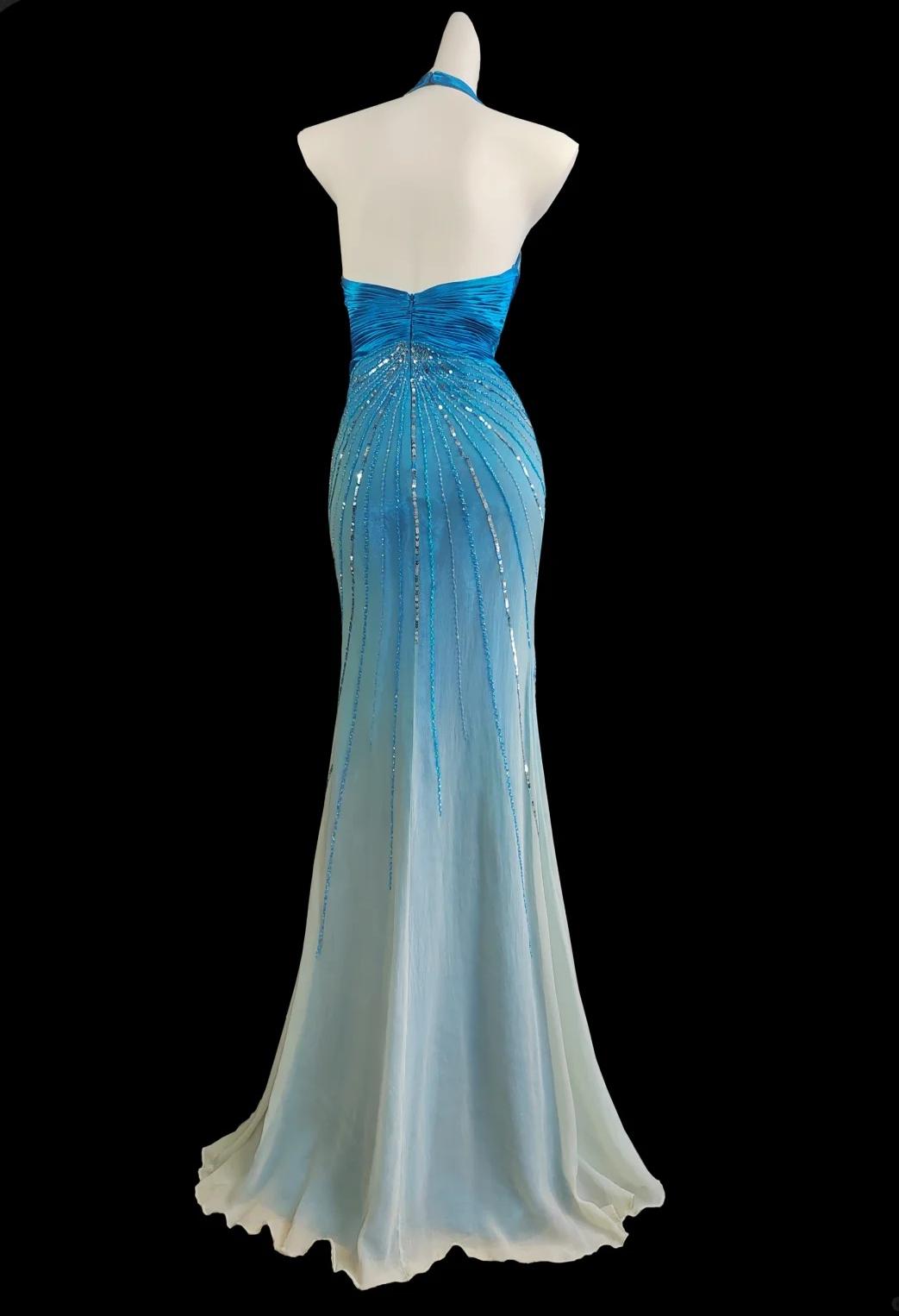 Glam Blue V-neck Mermaid Chiffon Beading Open Back Prom Dresses Formal Evening Gowns ED02451