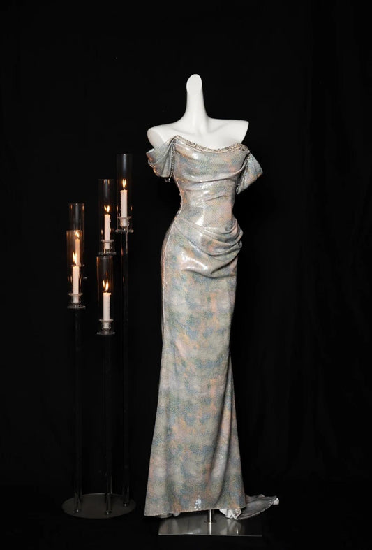 Elegant  Off-shoulder Mermaid Sequined Prom Dresses With Open Back Formal Evening Gowns ED02453