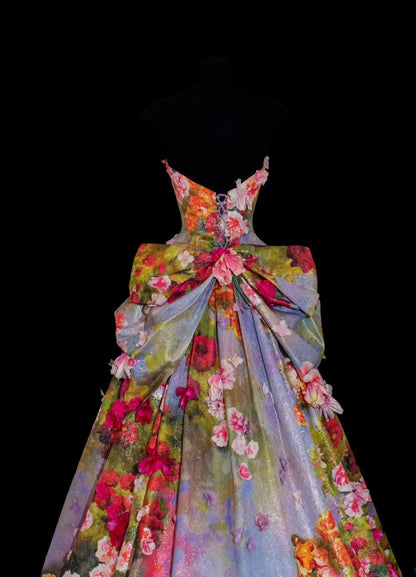 Gorgeous Jacquard Satin Strapless A-Line 3D Applique Train Wedding Dresses ED02454