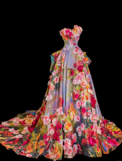 Gorgeous Jacquard Satin Strapless A-Line 3D Applique Train Wedding Dresses ED02454