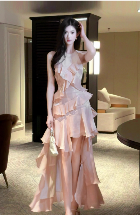 Sweet Peach Halter Neck A-Line Chiffon Layered Prom Dresses Fashion Birthday Evening Dress Gowns ED02455