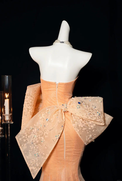 Gorgeous Orange Strapless Mermaid Tulle Prom Dresses Glam Bow Evening Gowns ED02458