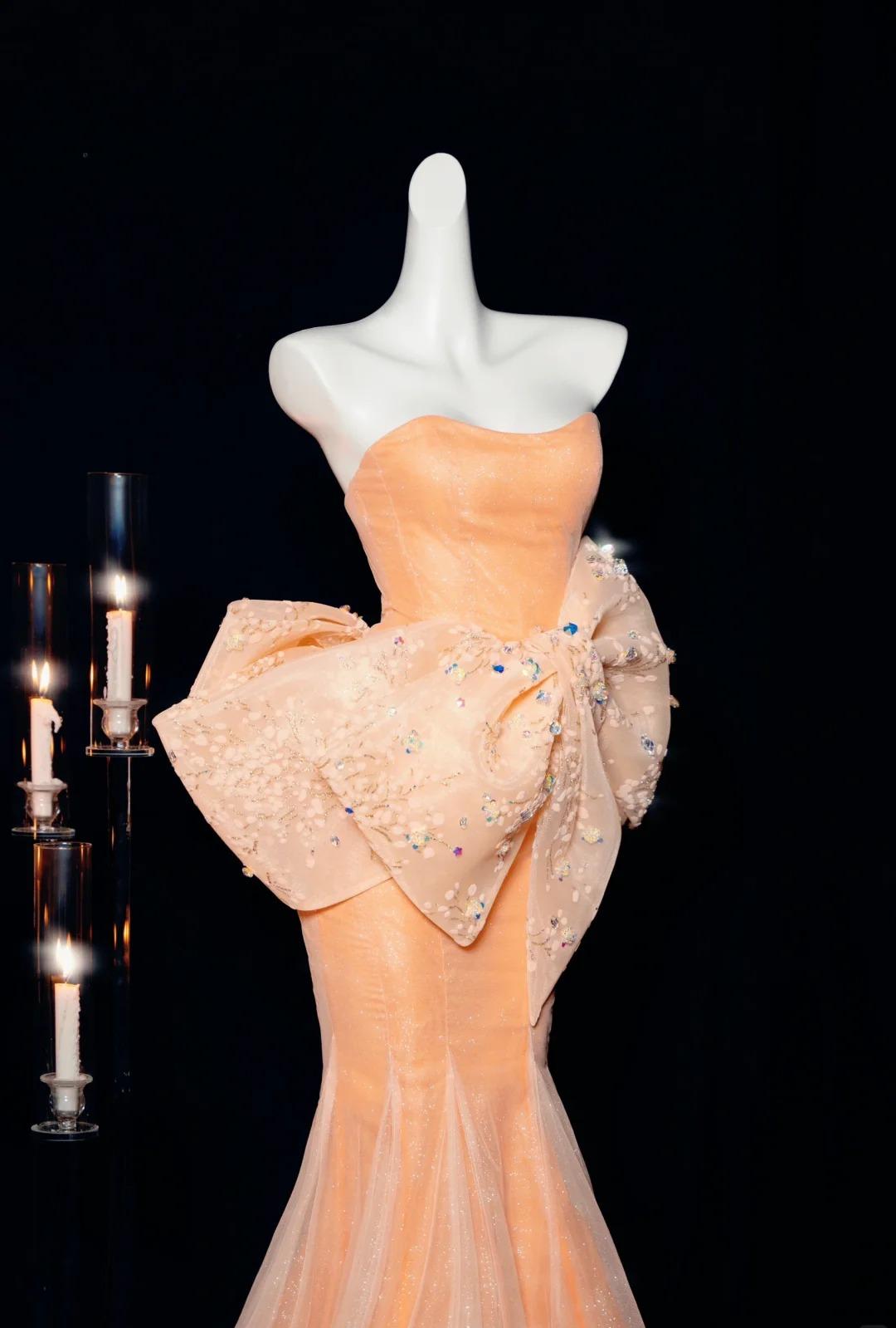 Gorgeous Orange Strapless Mermaid Tulle Prom Dresses Glam Bow Evening Gowns ED02458