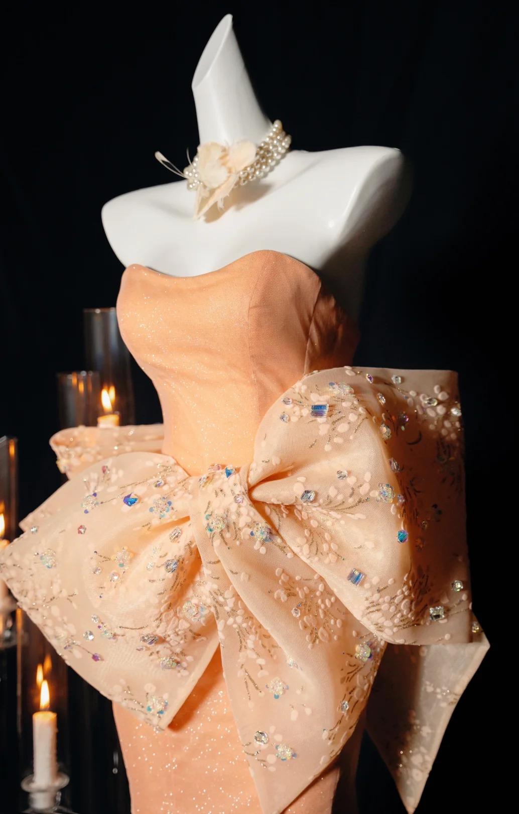 Gorgeous Orange Strapless Mermaid Tulle Prom Dresses Glam Bow Evening Gowns ED02458