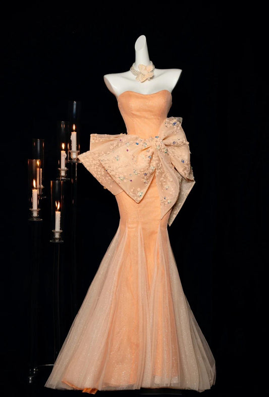 Gorgeous Orange Strapless Mermaid Tulle Prom Dresses Glam Bow Evening Gowns ED02458