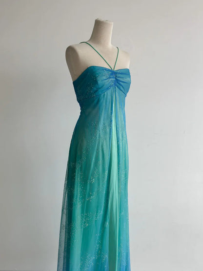 Gorgeous Gradient Turquoise Satin Chiffon Sheath Prom Dresses Vintage Formal Evening Gowns ED02461