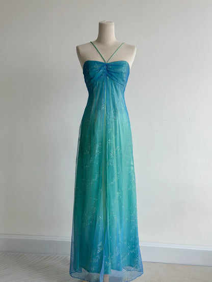 Gorgeous Gradient Turquoise Satin Chiffon Sheath Prom Dresses Vintage Formal Evening Gowns ED02461