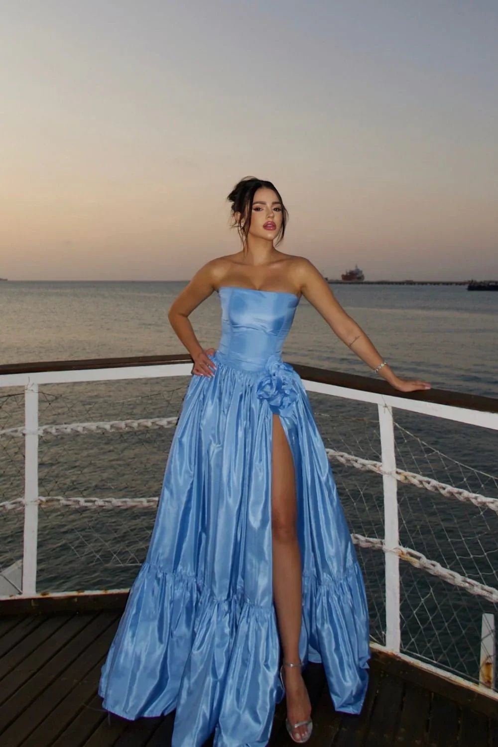 Fashion Blue Strapless A-Line Satin Prom Dresses Elegant Formal Evening Gowns ED02462