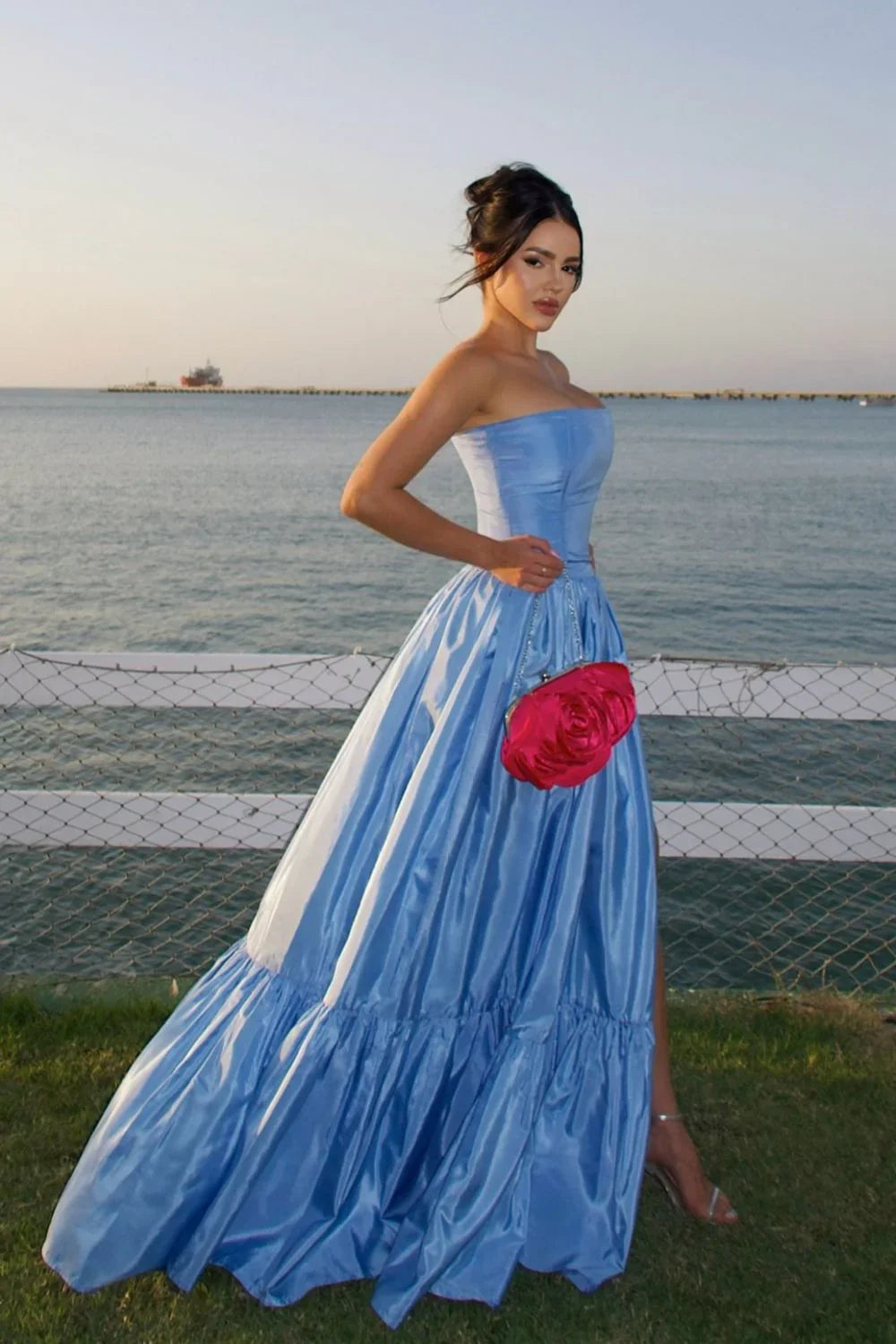 Fashion Blue Strapless A-Line Satin Prom Dresses Elegant Formal Evening Gowns ED02462