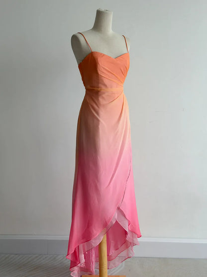 Fairytale Gradient Orange Pink Spaghetti Straps A-Line Chiffon Prom Dresses Y2K Evening Gowns ED02463