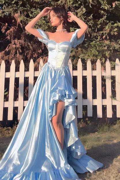 Stunning Sky Blue Sweetheart Neck A-Line Satin Prom Dresses Formal Evening Gowns with Slits ED02464