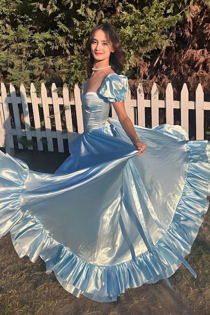 Stunning Sky Blue Sweetheart Neck A-Line Satin Prom Dresses Formal Evening Gowns with Slits ED02464