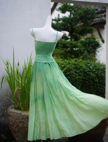 Sweet Gradient Green Spaghetti Strap A-Line Long Party Dress Birthday Prom Dress ED02466