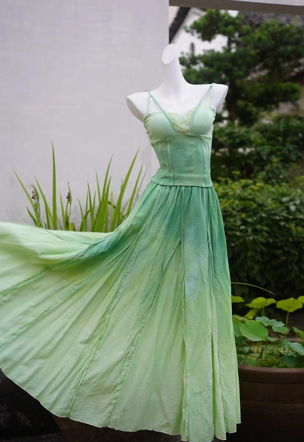 Sweet Gradient Green Spaghetti Strap A-Line Long Party Dress Birthday Prom Dress ED02466