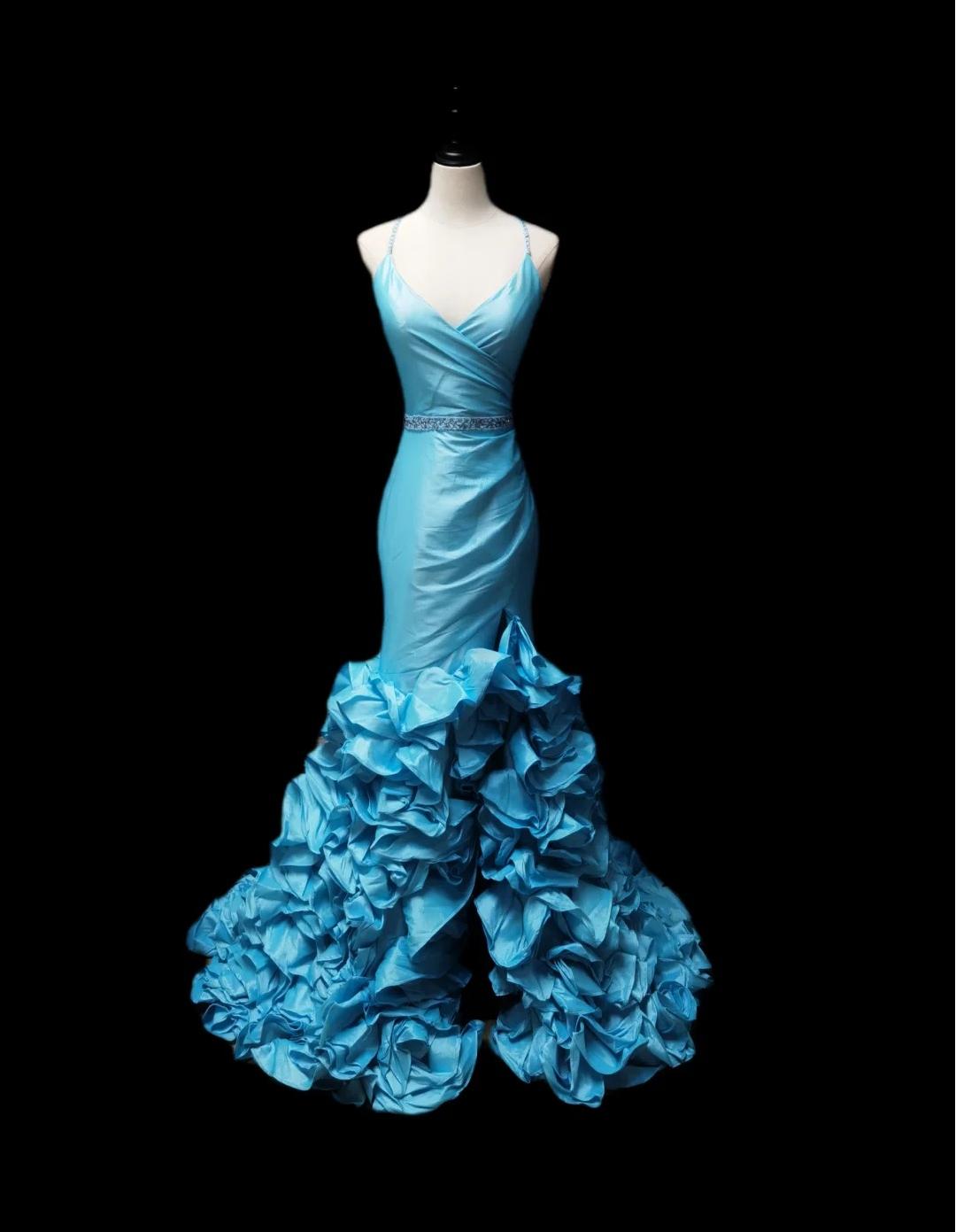 Elegant Blue  Mermaid Taffeta V-neck Long Prom Dresses Formal Evening Gowns ED02467