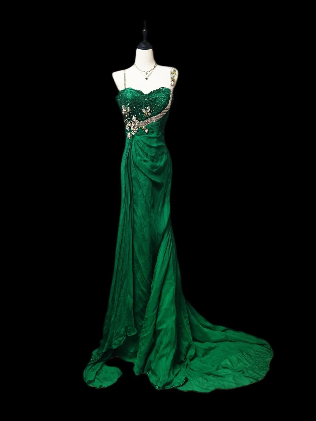 Stunning Hunter Green Beaded Mermaid Chiffon Long Prom Dresses Formal Evening GownsED02468