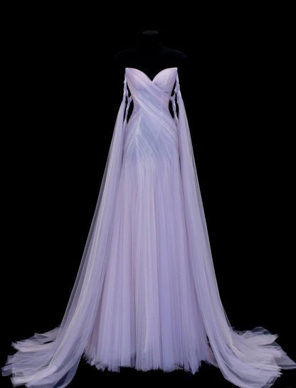 Elegant Purple Strapless A-Line Tulle Long Prom Dresses Formal Evening Gowns ED02470