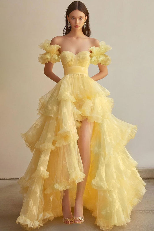 Gorgeous Butter Yellow Sweetheart Neck A-Line Tulle Long Prom Dresses Formal Evening Gowns ED02472