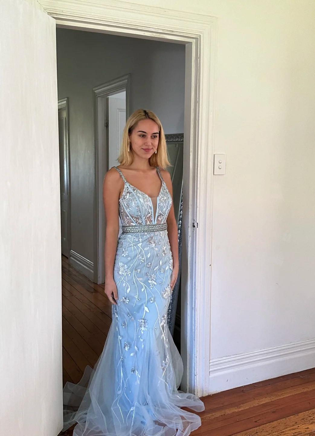Elegant Gray Blue Spaghetti Straps Mermaid Tulle Long Prom Dresses Backless Applique Evening Gowns ED02474