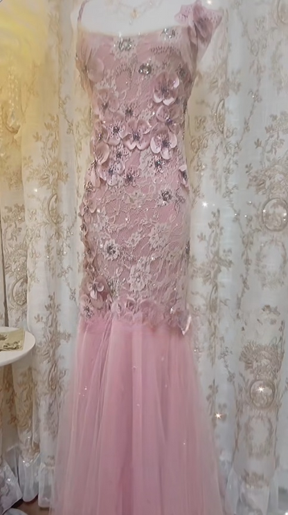 Sweet Pink Square Neck Mermaid Tulle Lace Long Prom Dresses Vintage Evening Dresses with Appliques ED02475