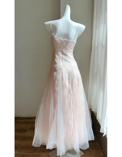 Cute Pink Spaghetti Straps A-Line Tulle Long Prom Dresses Birthday Evening Dress Gowns ED02476