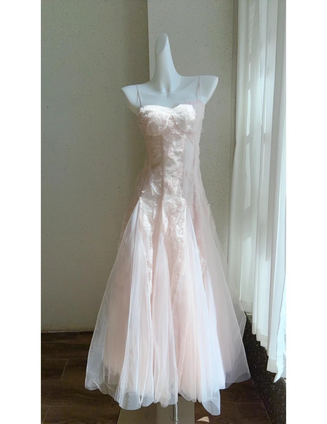 Cute Pink Spaghetti Straps A-Line Tulle Long Prom Dresses Birthday Evening Dress Gowns ED02476