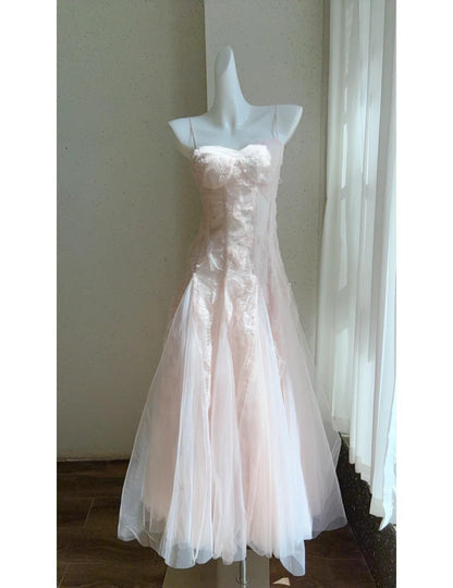 Cute Pink Spaghetti Straps A-Line Tulle Long Prom Dresses Birthday Evening Dress Gowns ED02476