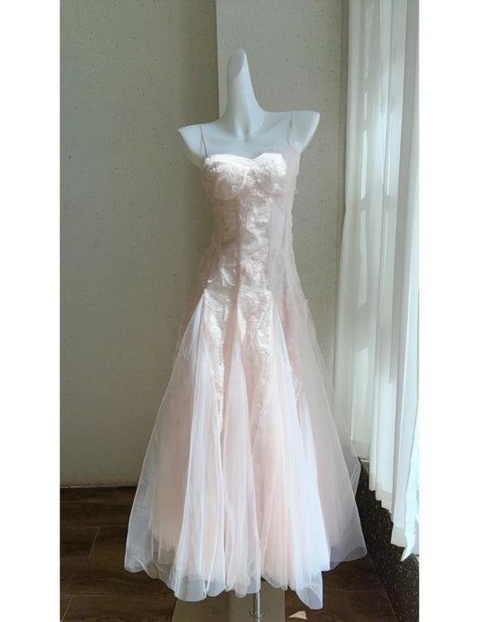 Cute Pink Spaghetti Straps A-Line Tulle Long Prom Dresses Birthday Evening Dress Gowns ED02476