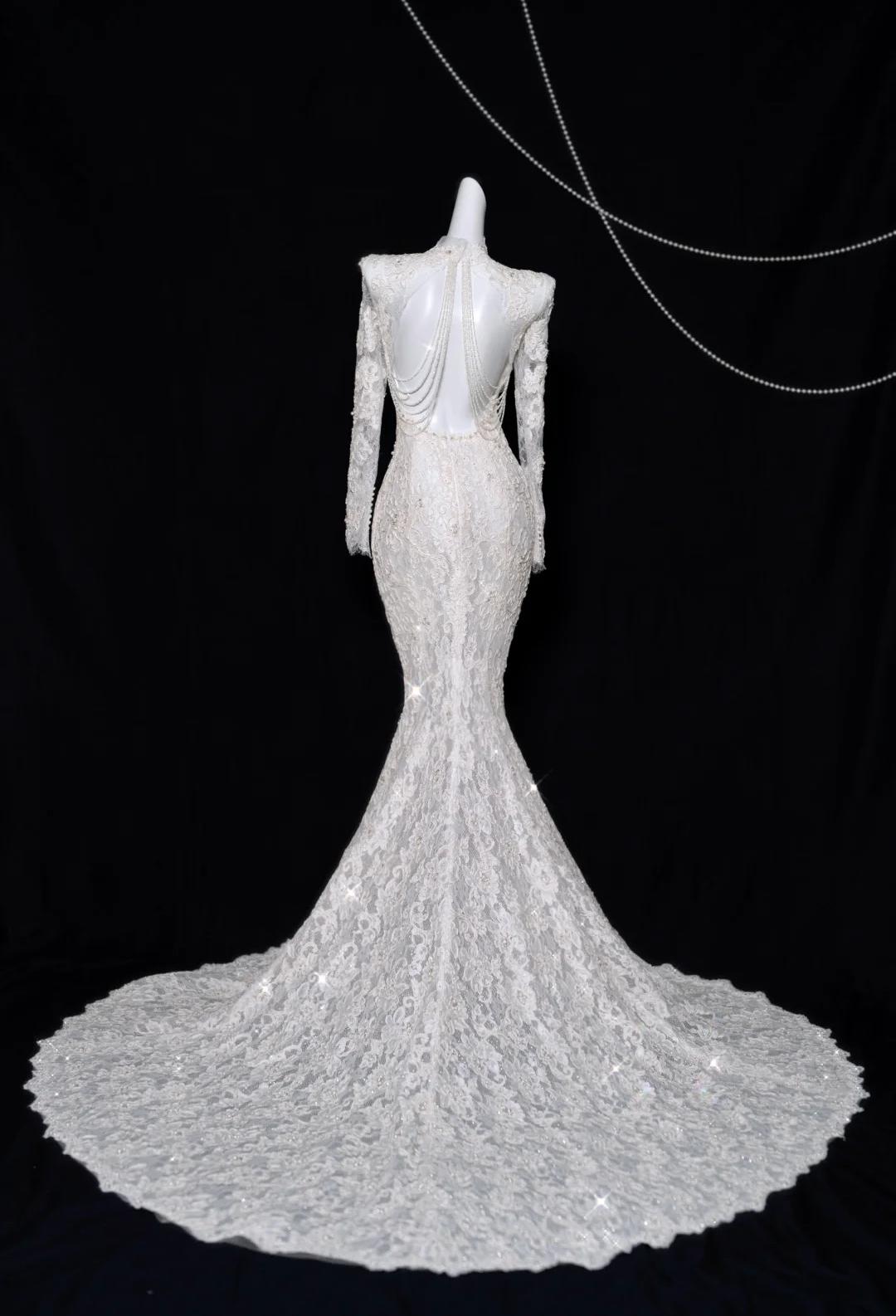 Elegant White Turtleneck Lace Beaded Mermaid Long Sleeve Trailing Wedding Dress ED02479