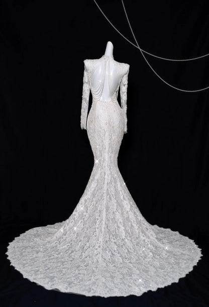 Elegant White Turtleneck Lace Beaded Mermaid Long Sleeve Trailing Wedding Dress ED02479