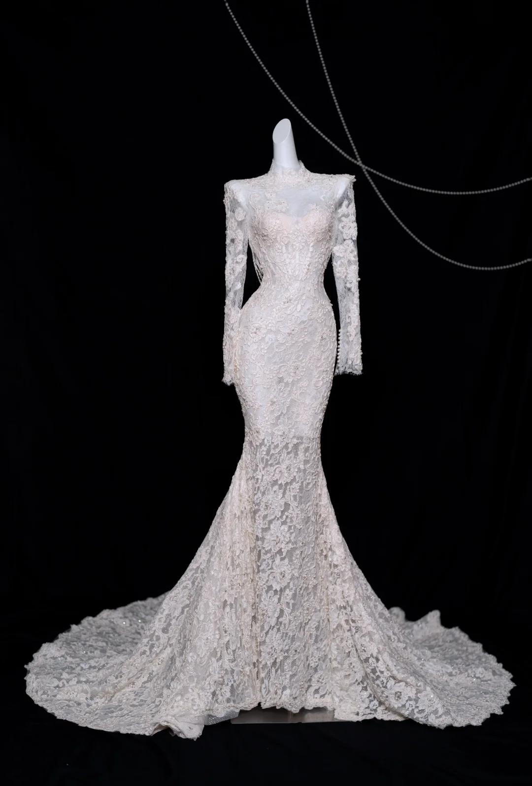 Elegant White Turtleneck Lace Beaded Mermaid Long Sleeve Trailing Wedding Dress ED02479