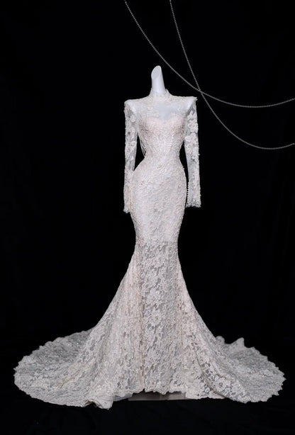 Elegant White Turtleneck Lace Beaded Mermaid Long Sleeve Trailing Wedding Dress ED02479