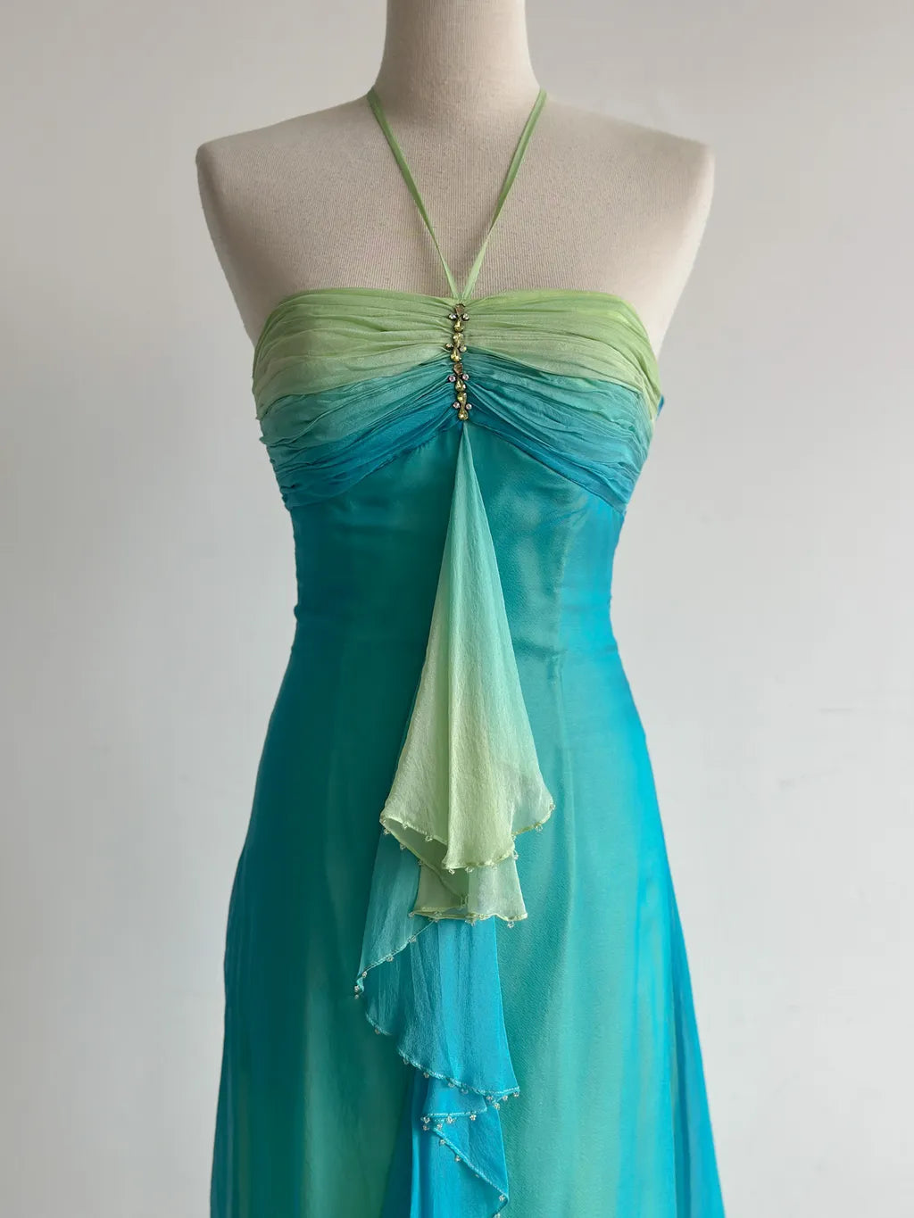 Gorgeous Gradient Turquoise Halter Neck Chiffon Sheath Prom Dresses Vintage Party Dress ED02480