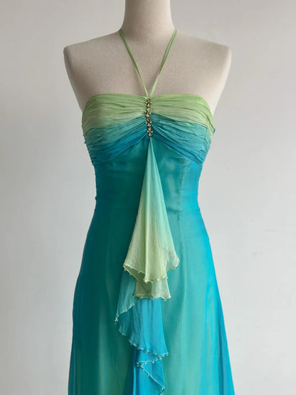 Gorgeous Gradient Turquoise Halter Neck Chiffon Sheath Prom Dresses Vintage Party Dress ED02480