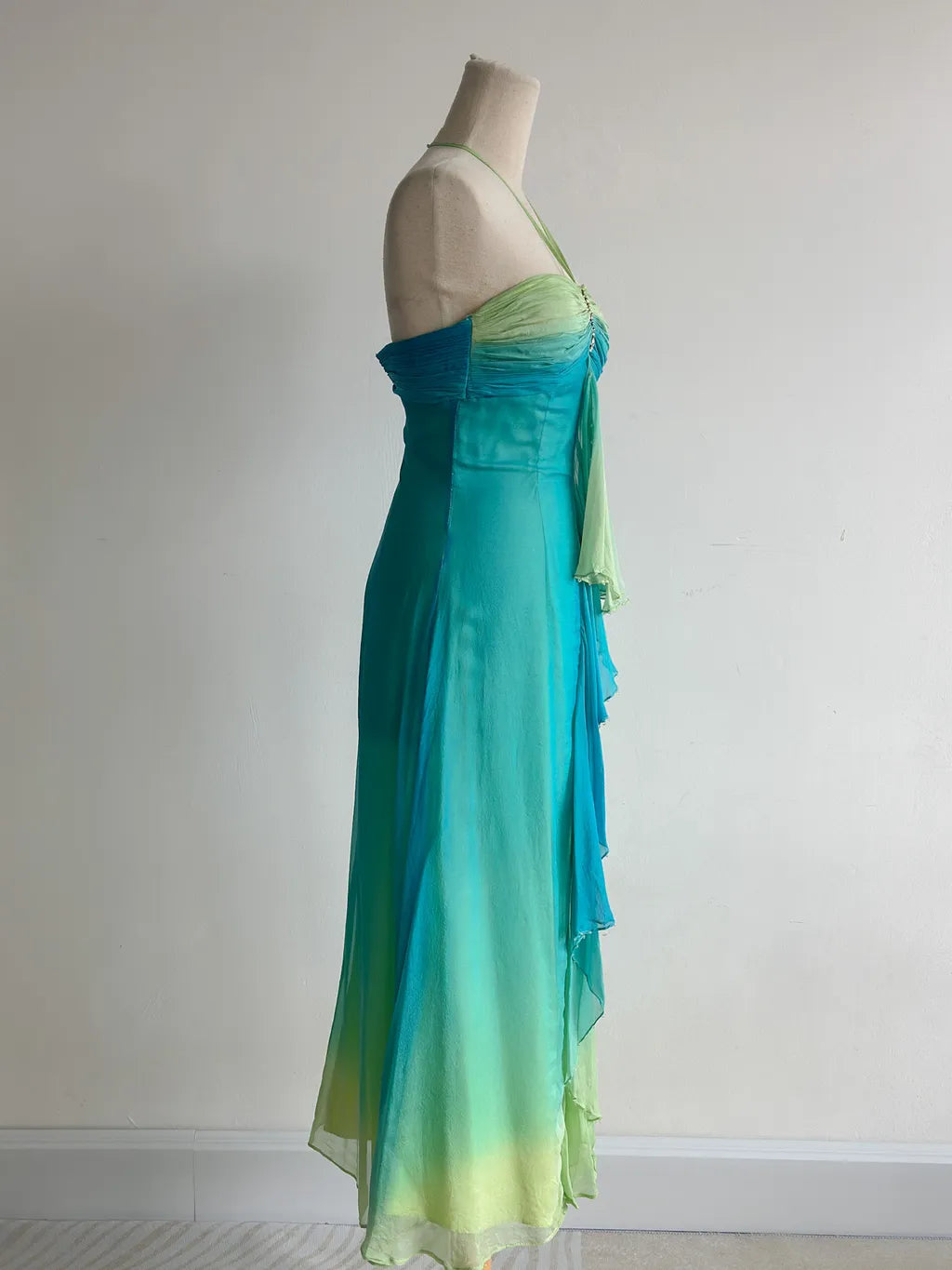 Gorgeous Gradient Turquoise Halter Neck Chiffon Sheath Prom Dresses Vintage Party Dress ED02480
