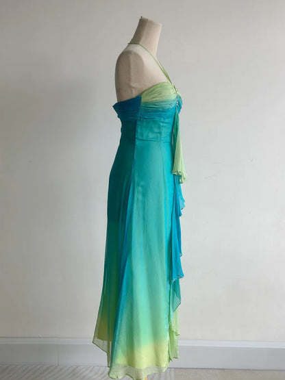 Gorgeous Gradient Turquoise Halter Neck Chiffon Sheath Prom Dresses Vintage Party Dress ED02480