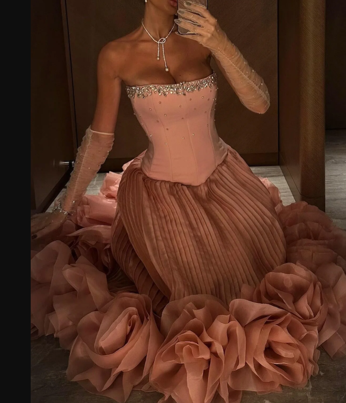 Elegant Pink Strapless A-Line Tulle Long Prom Dresses Formal Evening Gowns ED02487