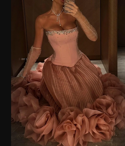 Elegant Pink Strapless A-Line Tulle Long Prom Dresses Formal Evening Gowns ED02487