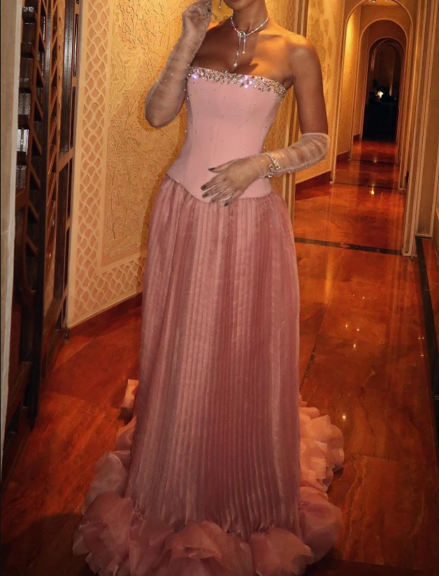 Elegant Pink Strapless A-Line Tulle Long Prom Dresses Formal Evening Gowns ED02487