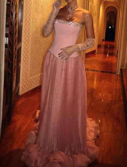 Elegant Pink Strapless A-Line Tulle Long Prom Dresses Formal Evening Gowns ED02487