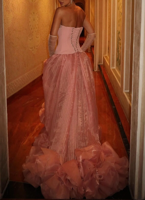Elegant Pink Strapless A-Line Tulle Long Prom Dresses Formal Evening Gowns ED02487