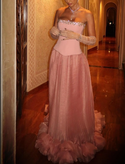 Elegant Pink Strapless A-Line Tulle Long Prom Dresses Formal Evening Gowns ED02487
