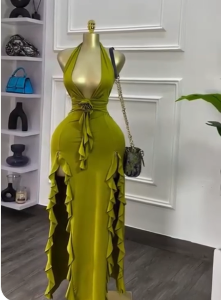 Glam Olive Green Deep V Neck Bodycon Party Dress Sexy Satin Slit Evening Gowns ED02488