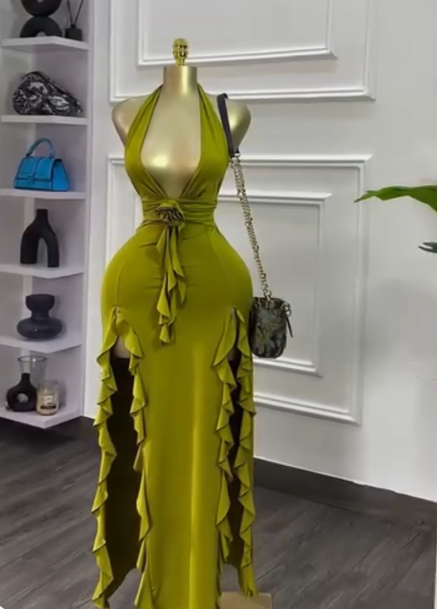 Glam Olive Green Deep V Neck Bodycon Party Dress Sexy Satin Slit Evening Gowns ED02488