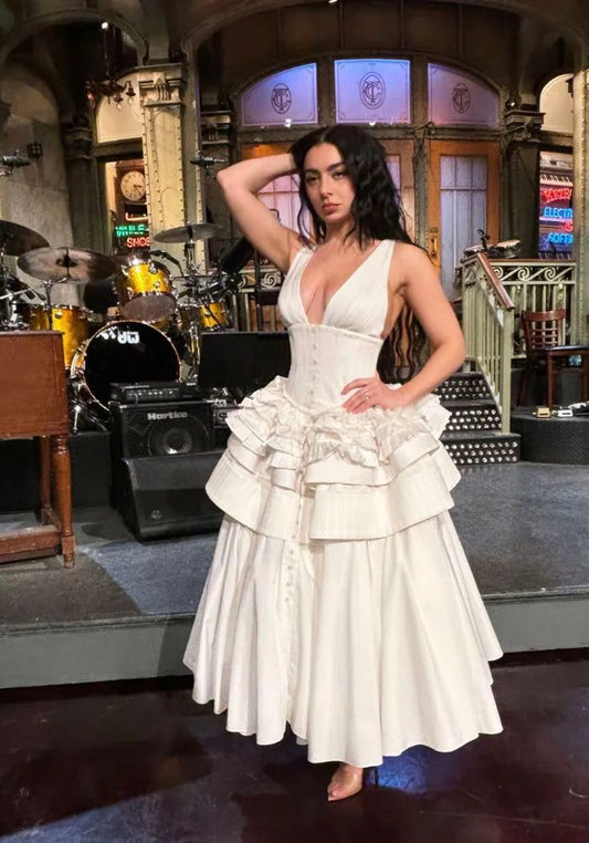 Elegant White Deep V Neck A-Line Jacquard Satin Party Dress Simple Evening Gowns ED02490