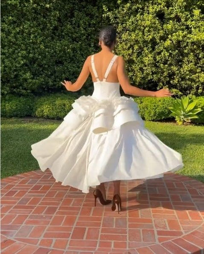 Elegant White Deep V Neck A-Line Jacquard Satin Party Dress Simple Evening Gowns ED02490