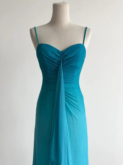 Glitter Gradient Blue Spaghetti Straps Sheath Chiffon Prom Dresses Evening Dress Gowns ED02492