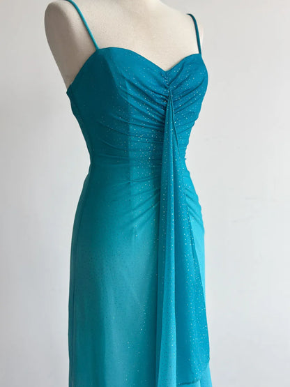 Glitter Gradient Blue Spaghetti Straps Sheath Chiffon Prom Dresses Evening Dress Gowns ED02492